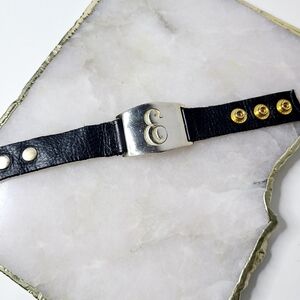 Lisa Stewart Black Genuine Leather Silver Tone Inital E Wide Cuff Bracelet